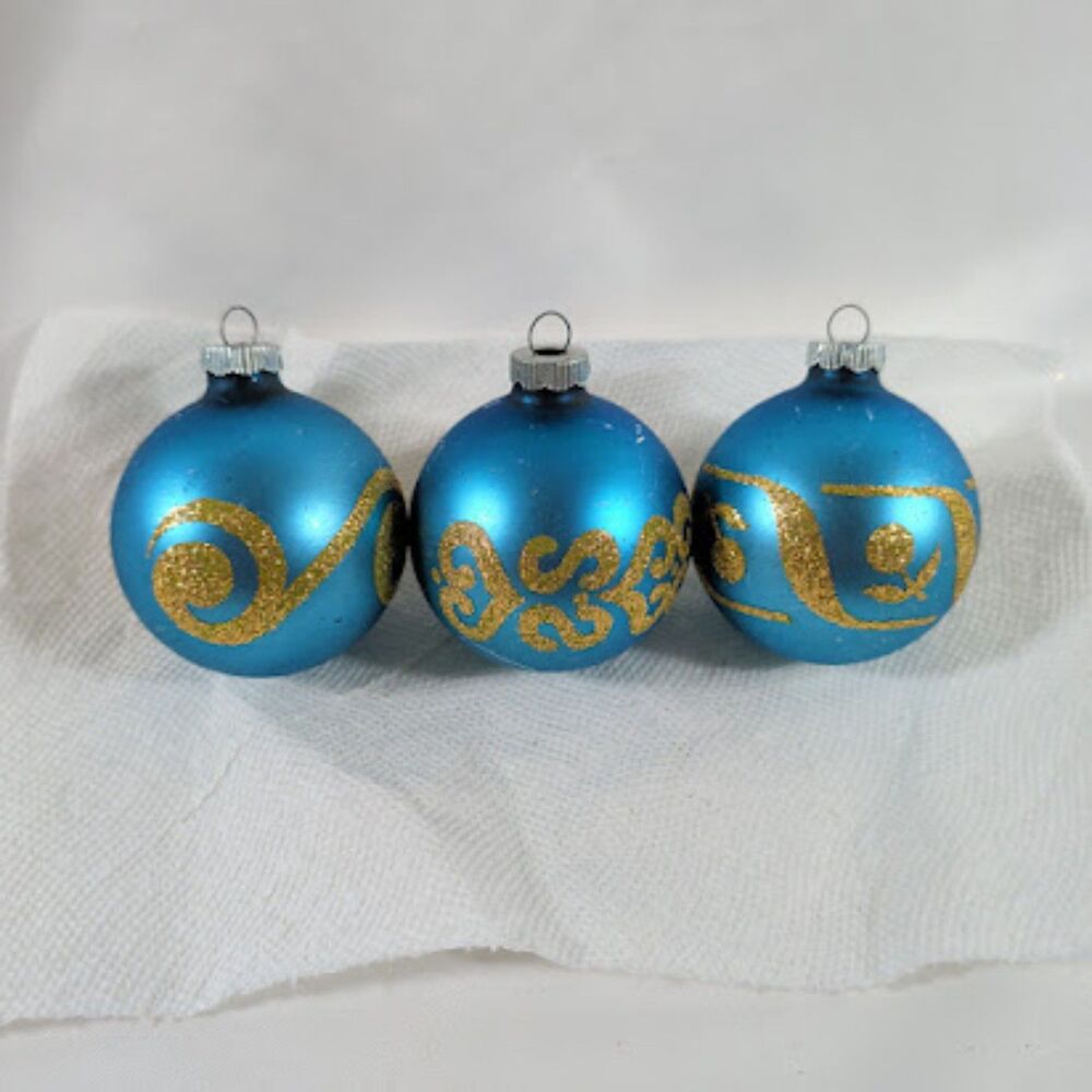 3 Vintage Shiny Brite Glass Christmas Ornaments Turquoise Blue Gold Glitter